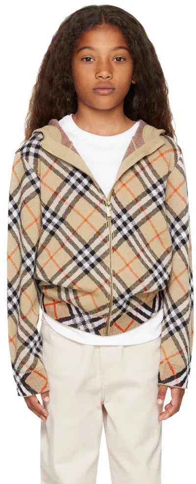 BURBERRY KIDS BEIGE CHECK WOOL ZIP HOODIE