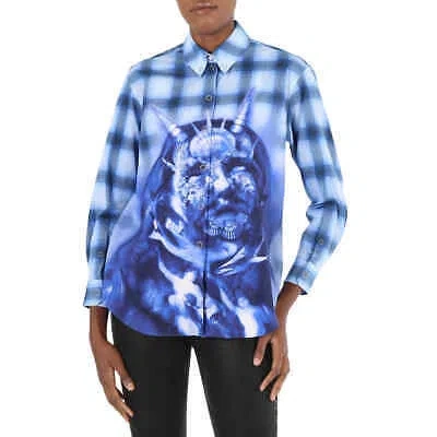 BURBERRY BURBERRY LADIES INK BLUE SEA MAIDEN PRINT PLAID SHIRT
