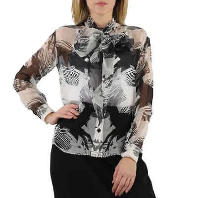 BURBERRY BURBERRY LADIES MONOCHROME DEER PRINT SILK CHIFFON PUSSY-BOW BLOUSE, BRAND SIZE