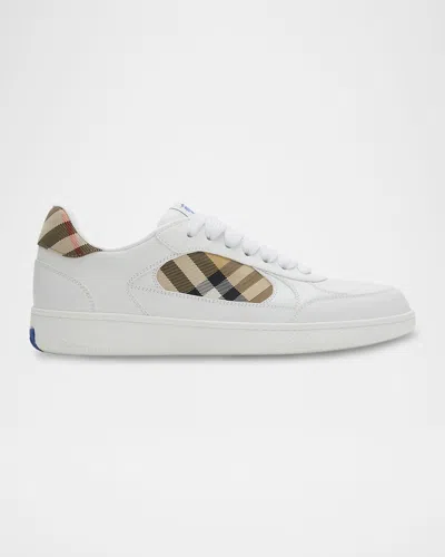 BURBERRY MEN'S TERRACE MIX LEATHER AND CHECK LOW-TOP SNEAKERS
