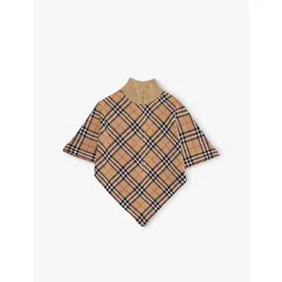 BURBERRY SAND IP CHECK FUNNEL-NECK CHECK WOOL CAPE ONE SIZE