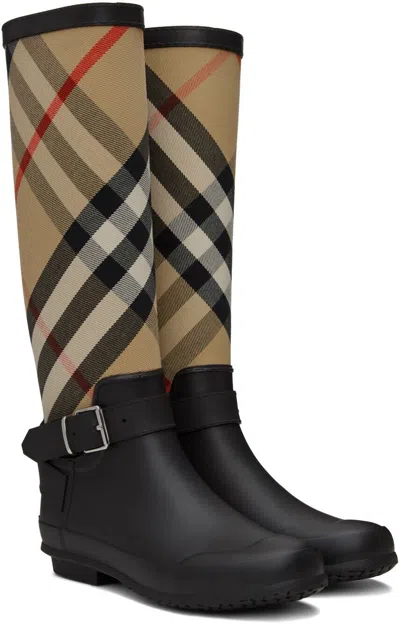 BURBERRY BURBERRY SIMEON BLACK RUBBER BEIGE CHECK LOGO KNEE HIGH RAIN BOOTS US 10 EU 40