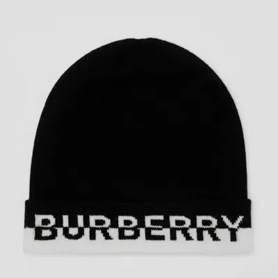 BURBERRY BURBERRY BLACK & WHITE LOGO PRINT CUFFED BEANIE CORE CASHMERE KNITTED HAT