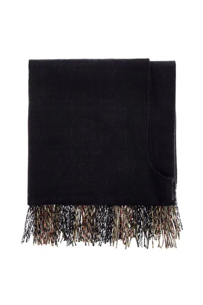 BURBERRY UNISEX VIRGIN WOOL BLACK CHECK SCARF WITH MULTICOLORED FRINGES