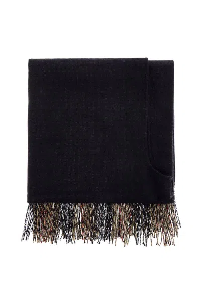 BURBERRY UNISEX VIRGIN WOOL BLACK CHECK SCARF WITH MULTICOLORED FRINGES