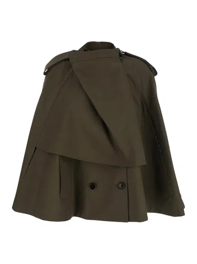 BURBERRY BURBERRY WOMEN GREEN DOUBLE-BREASTED CAPE WITH FRONT BUTTON CLOSURE IN COTTON WOMAN