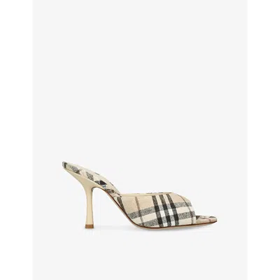 BURBERRY WOMENS CHECK MEWS LINEN-BLEND HIGH-HEEL MULES​ BEIGE COMB