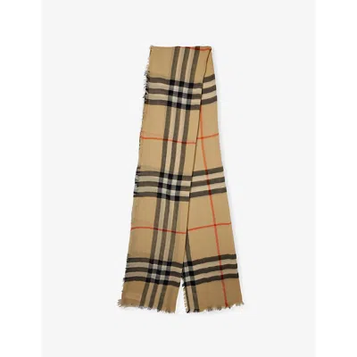 BURBERRY WOMENS CHECK-PRINT LIGHTWEIGHT WOOL AND SILK SCARF SAND