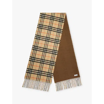 BURBERRY WOMENS SAND/BISON RECTANGULAR-SHAPE FRINGED-EDGE CASHMERE SCARF