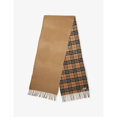 BURBERRY WOMENS VINTAGE-CHECK REVERSIBLE CASHMERE SCARF ARC BEIGE/ ARC BEIGE