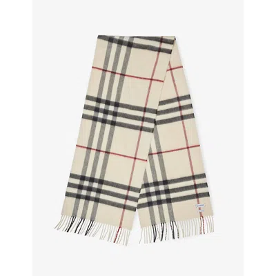 BURBERRY WOMENS STONE CHECK-PRINT FRINGED CASHMERE SCARF