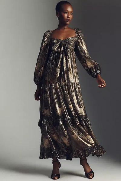 BY ANTHROPOLOGIE LONG-SLEEVE METALLIC BABYDOLL MIDI DRESS