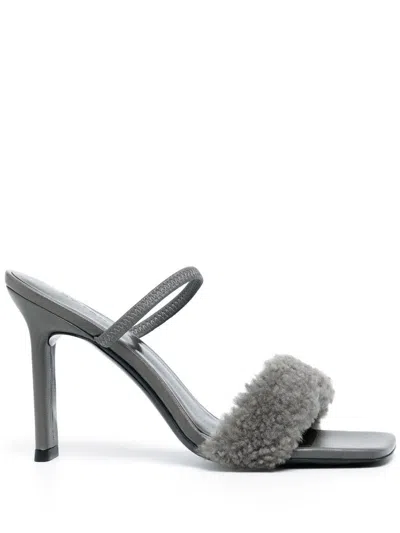 BY FAR SHEARLING STRAP OPEN TOE HEELS
