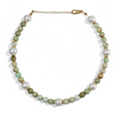 BY VIRGO WOMEN'S GREEN / GOLD ROOT OPAL AND PEARL GEMSTONE NECKLACE
