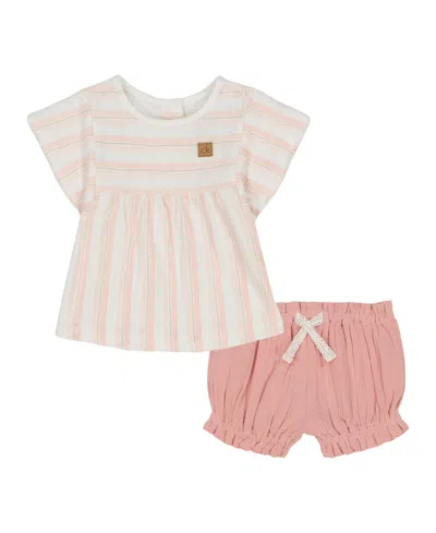 CALVIN KLEIN BABY GIRLS 2-PIECE SLUB JERSEY STRIPE TOP AND RIBBED BLOOMER SHORTS SET