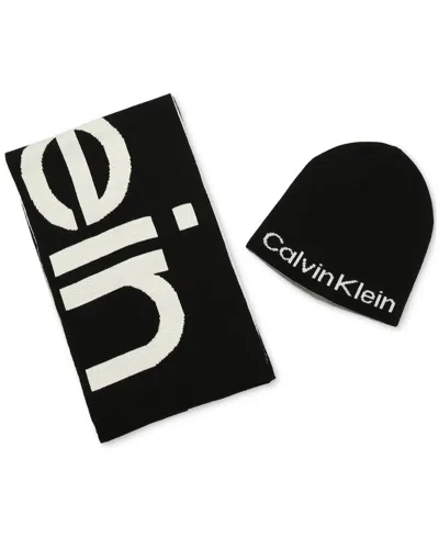 CALVIN KLEIN MEN'S LARGE LOGO SCARF & BEANIE SET