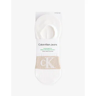 CALVIN KLEIN MENS WHITE/KHAKI FOOTIE HIGH-CUT PACK OF TWO STRETCH COTTON-BLEND LINER SOCKS