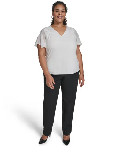 CALVIN KLEIN PLUS SIZE MIXED MEDIA FLUTTER-SLEEVE BLOUSE