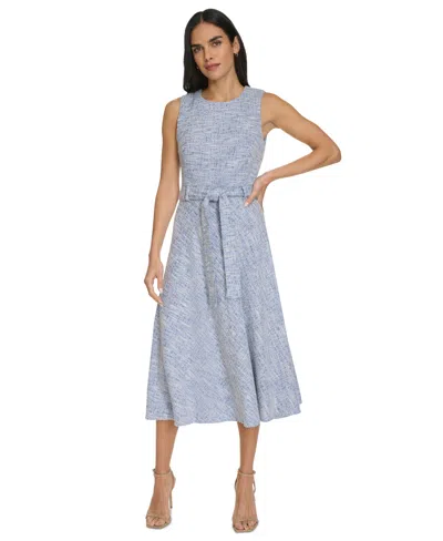 CALVIN KLEIN WOMEN'S JEWEL-NECK SLEEVELESS BELTED TWEED MIDI DRESS