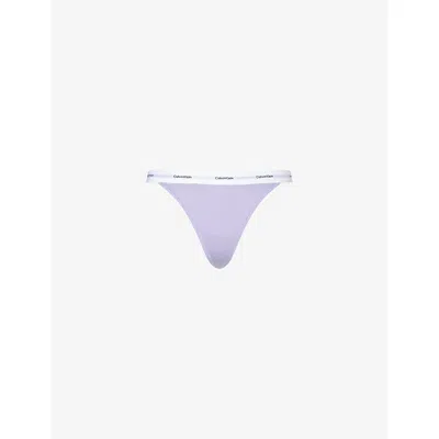 CALVIN KLEIN WOMENS LILAC QUARTZ RIBBED COTTON-BLEND STRING THONG XS