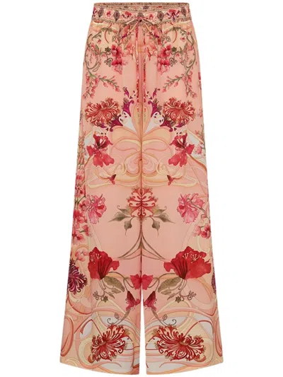 CAMILLA BLOSSOMS AND BRUSHSTROKES WIDE-LEG SILK TROUSERS