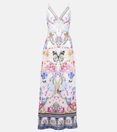 CAMILLA CRYSTAL-EMBELLISHED LINEN SLIP DRESS