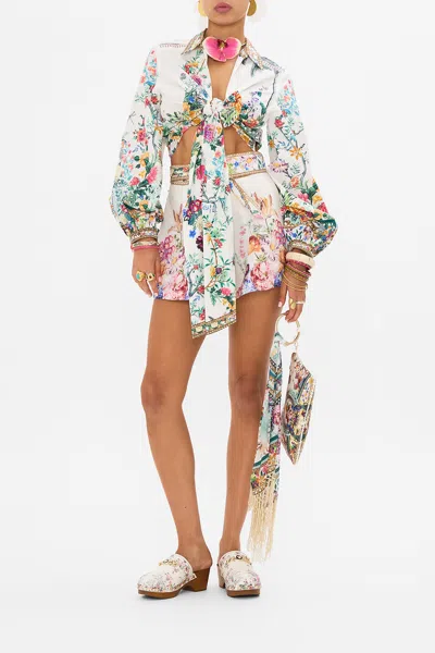 CAMILLA CROPPED WRAP SHIRT WITH LACE TRIM AT YOKE PLUMES AND PARTERRES