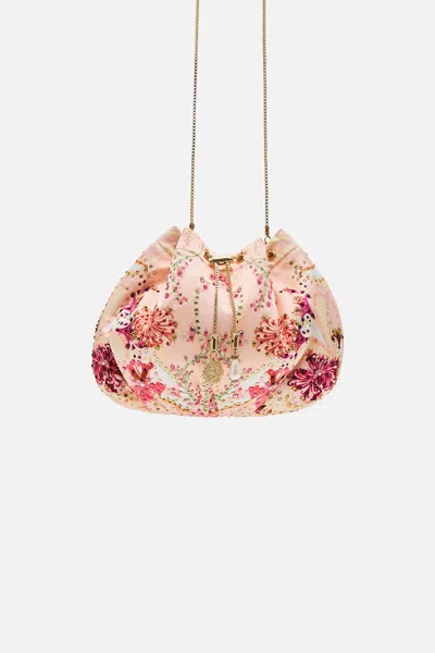 CAMILLA DRAWSTRING POUCH WITH CHAIN STRAP BLOSSOMS AND BRUSHSTROKES