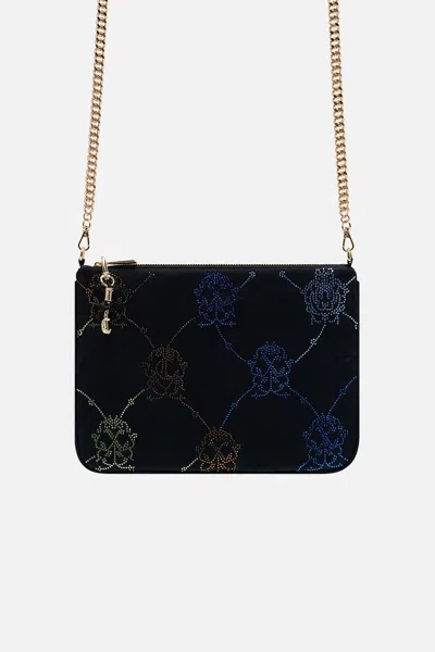 CAMILLA EMBELLISHED ZIP TOP CLUTCH WITH STRAP BLACK MONO