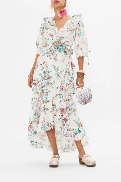 CAMILLA MAXI WRAP DRESS WITH PUFF SLEEVE PLUMES AND PARTERRES