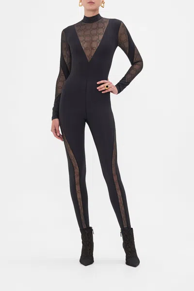 CAMILLA MESH INSERT CATSUIT SOLID BLACK