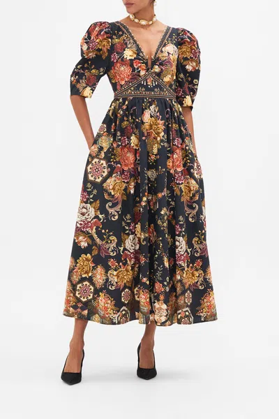 CAMILLA PUFF SLEEVE LONG DRESS WITH HARDWARE STITCHED IN TIME