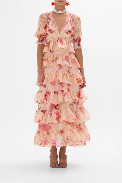 CAMILLA PUFF SLEEVE TIERED SKIRT LONG DRESS BLOSSOMS AND BRUSHSTROKES