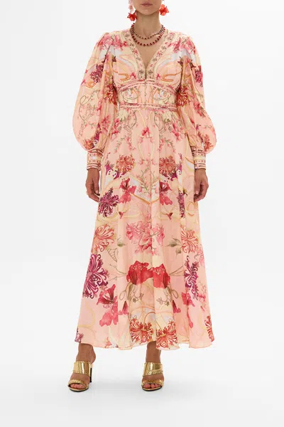 CAMILLA SHAPED WAISTBAND DRESS WITH GATHERED SLEEVES BLOSSOMS AND BRUSHSTROKES