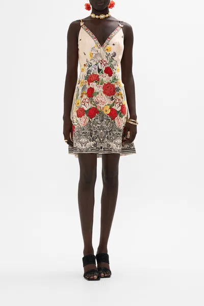 CAMILLA V NECK BIAS SLIP DRESS WITH BACK FRILL ETCHED INTO ETERNITY