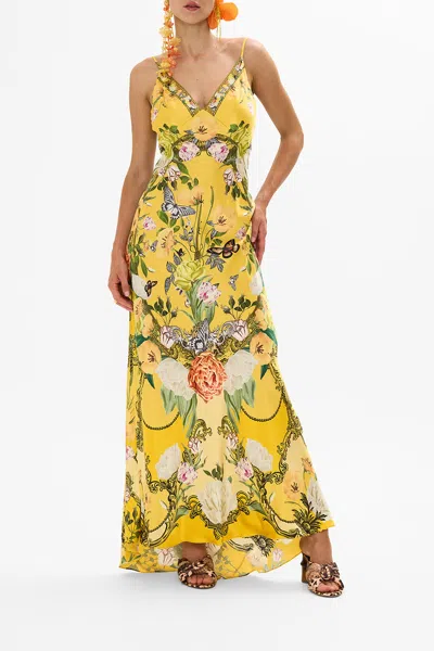 CAMILLA V NECK LONG BIAS SLIP DRESS WITH TRAIN PATHS OF GOLD