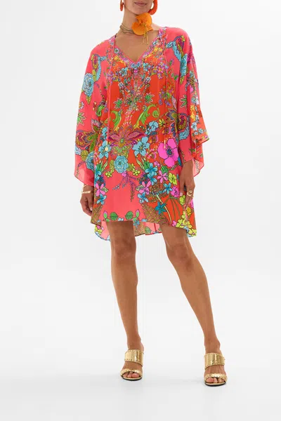 CAMILLA V NECK SHORT KAFTAN WITH TIES WINDMILLS AND WILDFLOWERS