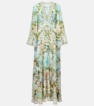 CAMILLA SHIRRED PRINTED SILK MAXI DRESS