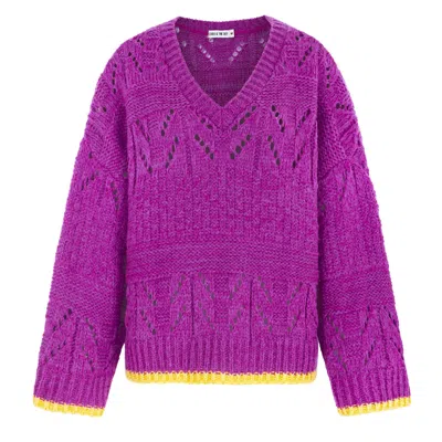 CARA & THE SKY WOMEN'S PURPLE ZOE POINTELLE V NECK WIDE SLEEVE JUMPER - FUCHSIA