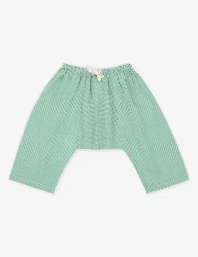 CARAMEL GREEN GINGHAM LINUM GEOMETRIC-PRINT COTTON BABY TROUSERS 3-24