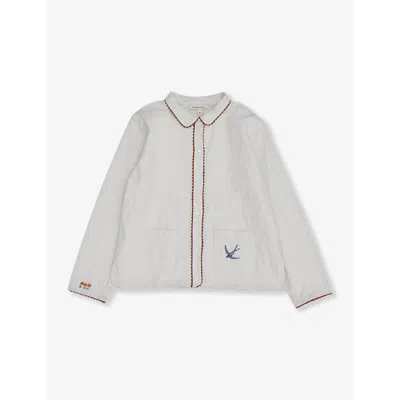 CARAMEL OFF-WHITE DRAGONFLY BIRD-EMBROIDERED LONG-SLEEVE COTTON SHIRT 3-12