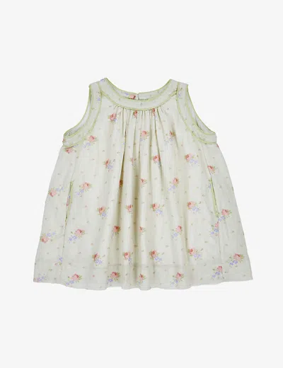 CARAMEL ROSE BOUQUET PRINT GINGER FLORAL-EMBROIDERED LINEN DRESS 3 MONTHS - 12 YEAR