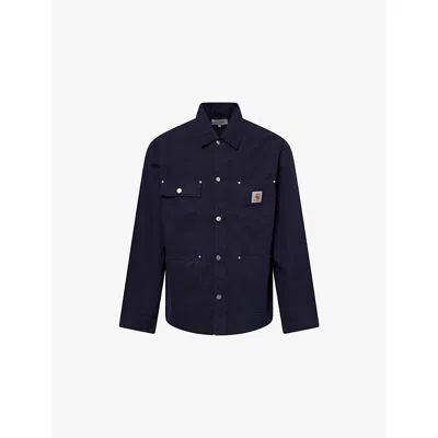 CARHARTT MENS DARK NAVY WALTER CHORE PATCH-POCKET LINEN-COTTON BLEND JACKET
