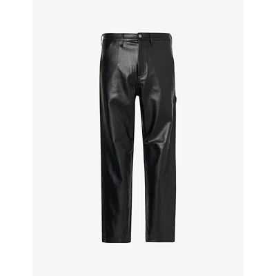 CARHARTT MENS BLACK BRAND-PATCH STRAIGHT-LEG REGULAR-FIT FAUX-LEATHER TROUSERS