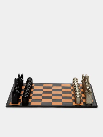 CARL AUBOCK LEATHER AND NICKEL CHESS SET