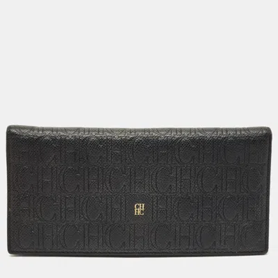 CAROLINA HERRERA BLACK MONOGRAM EMBOSSED LEATHER BIFOLD LONG WALLET