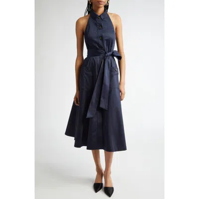 CAROLINA HERRERA CAROLINA HERRERA HALTER NECK BELTED STRETCH COTTON SATEEN SHIRTDRESS