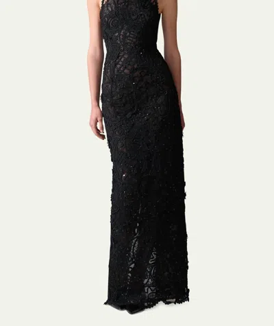 CAROLINA HERRERA LACE SEQUINED STRAPLESS GOWN IN BLACK