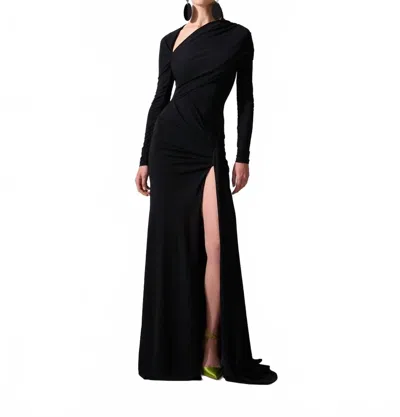 CAROLINA HERRERA LONG-SLEEVED DRAPED GOWN IN BLACK