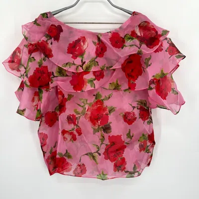 CAROLINA HERRERA CAROLINA HERRERA WOMEN'S SILK ORGANZA RUFFLED PINK FLORAL BLOUSE SZ 10 TOP
